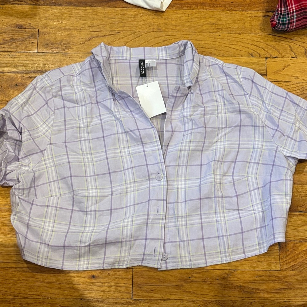 H&M Light Purple Plaid Button-Down Crop Top